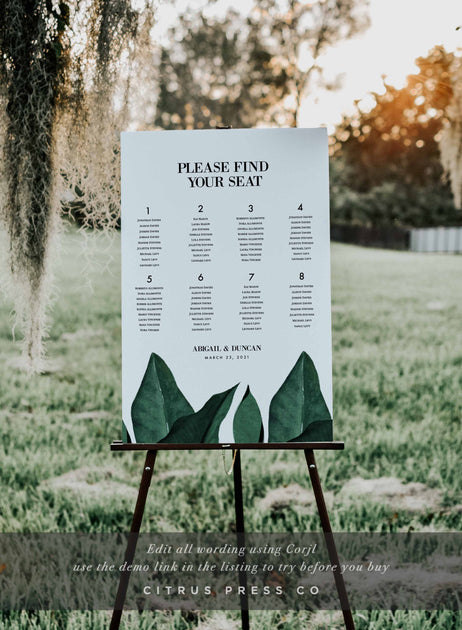Watercolor Eucalyptus Wedding Welcome & Seating Chart Board Sign Set
