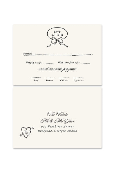 Hamd Drawn Wedding Invitation Suite RSVP Card with ribbon bow and heart and initials and arrow sketch doodle scribble invitation